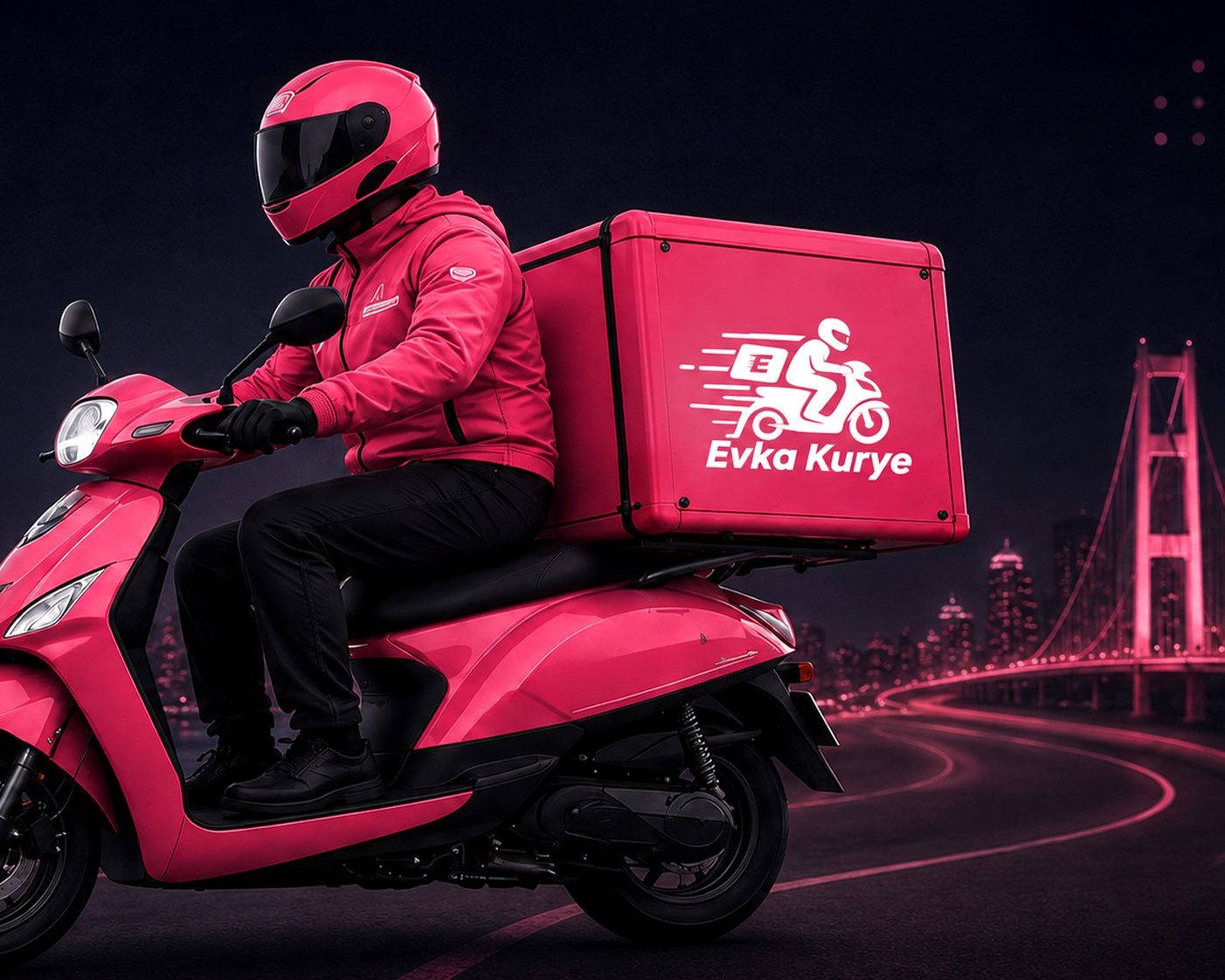 Pembe motosikletli Evka Kurye kuryesi